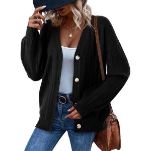 imageDokotoo Womens Cardigan Sweaters 2025 Fall Casual Button Down Cuffed Long Sleeve Ribbed Knit Sweater TopsBlack