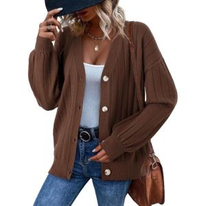 imageDokotoo Womens Cardigan Sweaters 2025 Fall Casual Button Down Cuffed Long Sleeve Ribbed Knit Sweater TopsBrown