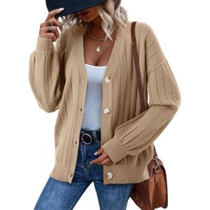 imageDokotoo Womens Cardigan Sweaters 2025 Fall Casual Button Down Cuffed Long Sleeve Ribbed Knit Sweater TopsKhaki