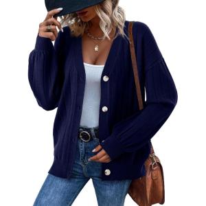 imageDokotoo Womens Cardigan Sweaters 2025 Fall Casual Button Down Cuffed Long Sleeve Ribbed Knit Sweater TopsNavy Blue