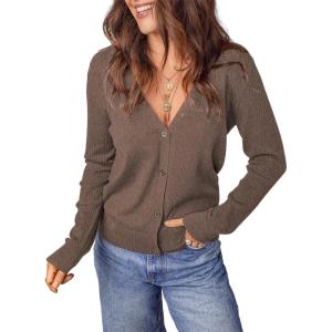 imageDokotoo Womens Cardigan Wool Blend Long Sleeve Button Down Sweaters for Women Casual Hollow Out Knit TopsCoffee