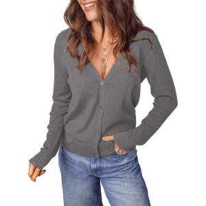 imageDokotoo Womens Cardigan Wool Blend Long Sleeve Button Down Sweaters for Women Casual Hollow Out Knit TopsGrey