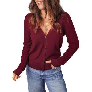 imageDokotoo Womens Cardigan Wool Blend Long Sleeve Button Down Sweaters for Women Casual Hollow Out Knit TopsRed