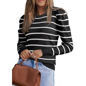 imageDokotoo Womens Cashmere Sweaters 2025 Long Sleeve Crewneck Casual Tops Lightweight Wool Pullover Jumper ShirtsBlack Stripe
