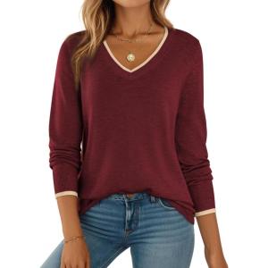 imageDokotoo Womens Cashmere Sweaters Dressy Casual Long Sleeve V Neck Lightweight Ribbed Knit Wool Pullover Jumper TopRed