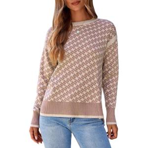 imageDokotoo Womens Casual Cross Jacquard Sweaters 2025 Crewneck Long Sleeve Fall Winter Warm Knit Pullover Tops ClothesApricot