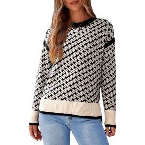 imageDokotoo Womens Casual Cross Jacquard Sweaters 2025 Crewneck Long Sleeve Fall Winter Warm Knit Pullover Tops ClothesBlack
