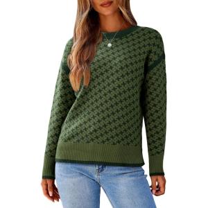 imageDokotoo Womens Casual Cross Jacquard Sweaters 2025 Crewneck Long Sleeve Fall Winter Warm Knit Pullover Tops ClothesBlackish Green