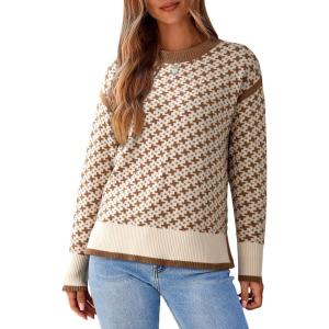 imageDokotoo Womens Casual Cross Jacquard Sweaters 2025 Crewneck Long Sleeve Fall Winter Warm Knit Pullover Tops ClothesCamel