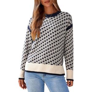 imageDokotoo Womens Casual Cross Jacquard Sweaters 2025 Crewneck Long Sleeve Fall Winter Warm Knit Pullover Tops ClothesNavy Blue