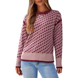 imageDokotoo Womens Casual Cross Jacquard Sweaters 2025 Crewneck Long Sleeve Fall Winter Warm Knit Pullover Tops ClothesRed