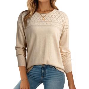 imageDokotoo Womens Casual Long Sleeve Wool Hollow Out Sweaters for Women 2025 Trendy Lightweight Crochet Pullover TopsParchment