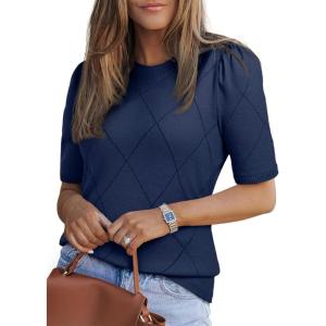 imageDokotoo Womens Short Puff Sleeve Knit Tops 2025 Round Neck Sweaters Crochet Tops for WomenBlue