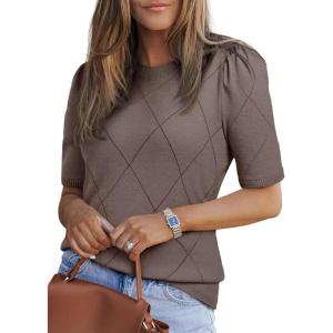 imageDokotoo Womens Short Puff Sleeve Knit Tops 2025 Round Neck Sweaters Crochet Tops for WomenBrown