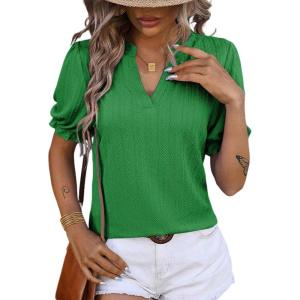 imageDokotoo Womens Summer Short Puff Sleeves Blouses Shirts V Neck Cute Solid Knit Textured Casual Regular Fit TopsBright Green