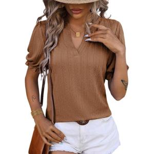 imageDokotoo Womens Summer Short Puff Sleeves Blouses Shirts V Neck Cute Solid Knit Textured Casual Regular Fit TopsChestnut