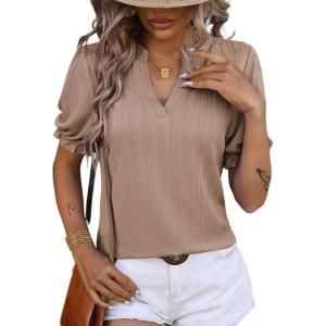 imageDokotoo Womens Summer Short Puff Sleeves Blouses Shirts V Neck Cute Solid Knit Textured Casual Regular Fit TopsLight French Beige