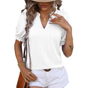 imageDokotoo Womens Summer Short Puff Sleeves Blouses Shirts V Neck Cute Solid Knit Textured Casual Regular Fit TopsWhite