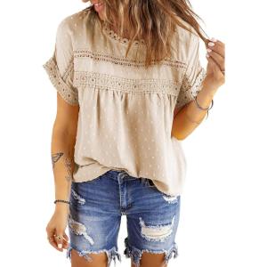 imageDokotoo Womens Summer Tops Crewneck Lace Crochet Short Sleeve Shirts Casual Chiffon Blouses1 Apricot