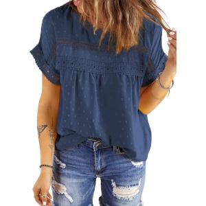 imageDokotoo Womens Summer Tops Crewneck Lace Crochet Short Sleeve Shirts Casual Chiffon Blouses1 Blue