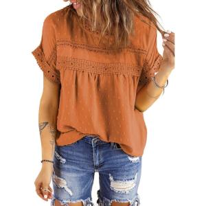 imageDokotoo Womens Summer Tops Crewneck Lace Crochet Short Sleeve Shirts Casual Chiffon Blouses1 Orange