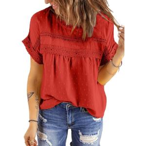 imageDokotoo Womens Summer Tops Crewneck Lace Crochet Short Sleeve Shirts Casual Chiffon Blouses1 Orange Red