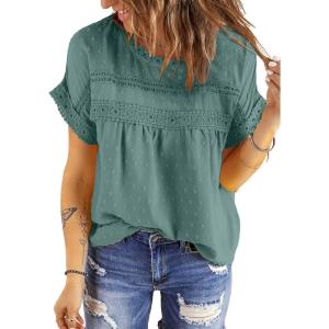 imageDokotoo Womens Summer Tops Crewneck Lace Crochet Short Sleeve Shirts Casual Chiffon Blouses1 Sea Blue