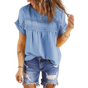 imageDokotoo Womens Summer Tops Crewneck Lace Crochet Short Sleeve Shirts Casual Chiffon Blouses1 Sky Blue