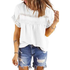 imageDokotoo Womens Summer Tops Crewneck Lace Crochet Short Sleeve Shirts Casual Chiffon Blouses1 White