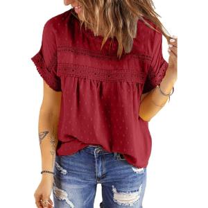 imageDokotoo Womens Summer Tops Crewneck Lace Crochet Short Sleeve Shirts Casual Chiffon Blouses1 Wine Red