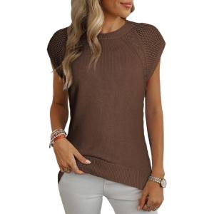 imageDokotoo Womens Sweaters Crewneck Cable Knit Vest Tops for Women 2025 Fall Fashion Clothing Cap Sleeve Sweater VestChestnut