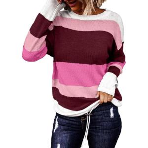 imageDokotoo Womens Sweaters Striped Fall Winter Outfits 2025 Crewneck Drawstring Color Block Fashion ClothingLight Pink