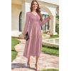 imageDokotoo Fall Dresses for Women 2025 Long Sleeve V Neck Smocked Empire Waist Ruffle Tiered Casual Split Maxi DressPink