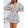 imageDokotoo Womens Casual Spring Fall 2025 Deep V Neck Knotted Tiered Chiffon Elegant Mini Short Swing Skater Dresses3 Grey