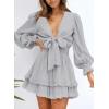 imageDokotoo Womens Casual Spring Fall 2025 Deep V Neck Knotted Tiered Chiffon Elegant Mini Short Swing Skater Dresses3 Grey