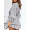 imageDokotoo Womens Casual Spring Fall 2025 Deep V Neck Knotted Tiered Chiffon Elegant Mini Short Swing Skater Dresses3 Grey