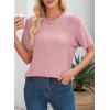 imageDokotoo Womens Summer Tops Dressy Casual Crewneck Short Sleeve Shirts Solid Hollow Out Knit Loose Sweater BlousesPink