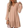 imageDokotoo Fall Dresses for Women 2025 Long Sleeve V Neck Lightweight Ribbed Knit Empire Waist Casual A Line Swing Mini DressKhaki
