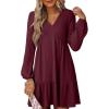 imageDokotoo Fall Dresses for Women 2025 Long Sleeve V Neck Lightweight Ribbed Knit Empire Waist Casual A Line Swing Mini DressRed