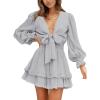 imageDokotoo Womens Casual Spring Fall 2025 Deep V Neck Knotted Tiered Chiffon Elegant Mini Short Swing Skater Dresses3 Grey