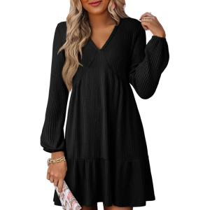 imageDokotoo Fall Dresses for Women 2025 Long Sleeve V Neck Lightweight Ribbed Knit Empire Waist Casual A Line Swing Mini DressBlack