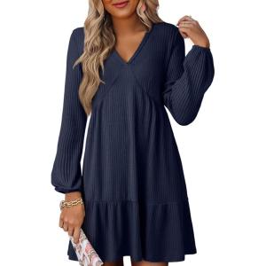 imageDokotoo Fall Dresses for Women 2025 Long Sleeve V Neck Lightweight Ribbed Knit Empire Waist Casual A Line Swing Mini DressBlue