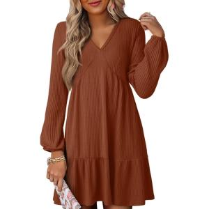 imageDokotoo Fall Dresses for Women 2025 Long Sleeve V Neck Lightweight Ribbed Knit Empire Waist Casual A Line Swing Mini DressBrown