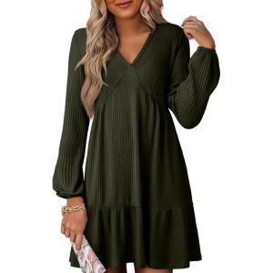 imageDokotoo Fall Dresses for Women 2025 Long Sleeve V Neck Lightweight Ribbed Knit Empire Waist Casual A Line Swing Mini DressGreen