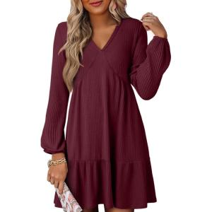 imageDokotoo Fall Dresses for Women 2025 Long Sleeve V Neck Lightweight Ribbed Knit Empire Waist Casual A Line Swing Mini DressRed