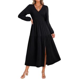 imageDokotoo Fall Dresses for Women 2025 Long Sleeve V Neck Smocked Empire Waist Ruffle Tiered Casual Split Maxi DressBlack