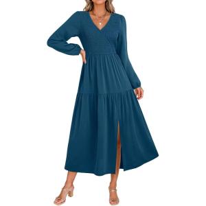 imageDokotoo Fall Dresses for Women 2025 Long Sleeve V Neck Smocked Empire Waist Ruffle Tiered Casual Split Maxi DressBlue