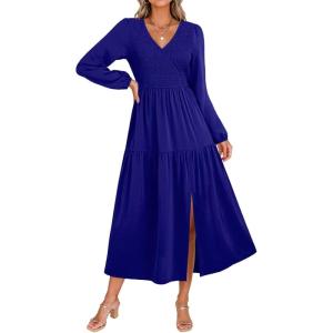 imageDokotoo Fall Dresses for Women 2025 Long Sleeve V Neck Smocked Empire Waist Ruffle Tiered Casual Split Maxi DressDark Blue