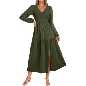 imageDokotoo Fall Dresses for Women 2025 Long Sleeve V Neck Smocked Empire Waist Ruffle Tiered Casual Split Maxi DressGreen