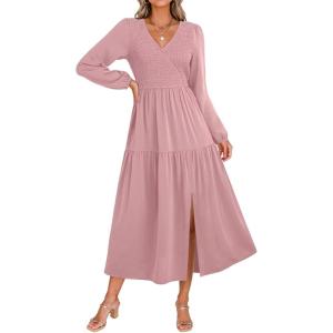 imageDokotoo Fall Dresses for Women 2025 Long Sleeve V Neck Smocked Empire Waist Ruffle Tiered Casual Split Maxi DressPink